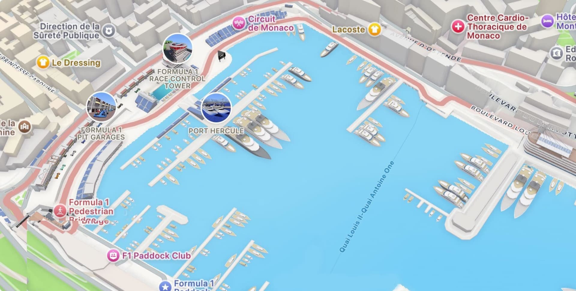 Carte du circuit de Monaco – zones de dépose Taxi Boat